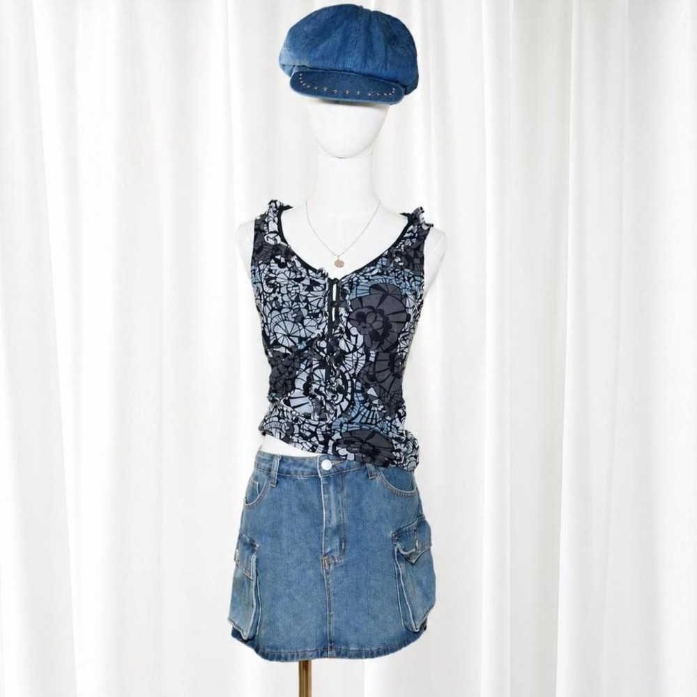 Vintage Y2K Euro Mesh Ruffle Floral Mosaic Tank Top M